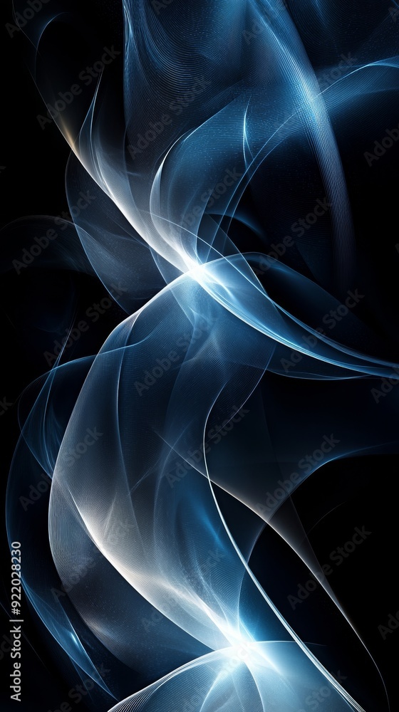 Poster Abstract blue white wavy lines flowing on black background