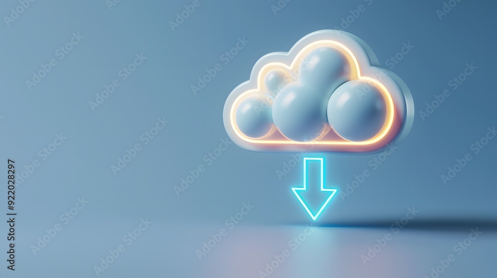 Poster 3d render of a glowing cloud icon with a downward arrow symbolizing cloud computing, data storage, a