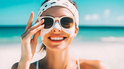 Fototapeta premium Smiling woman enjoying a sunny day at the beach with sunscreen on her face.