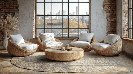 Modern home living room interior with armchairs and coffee table, window