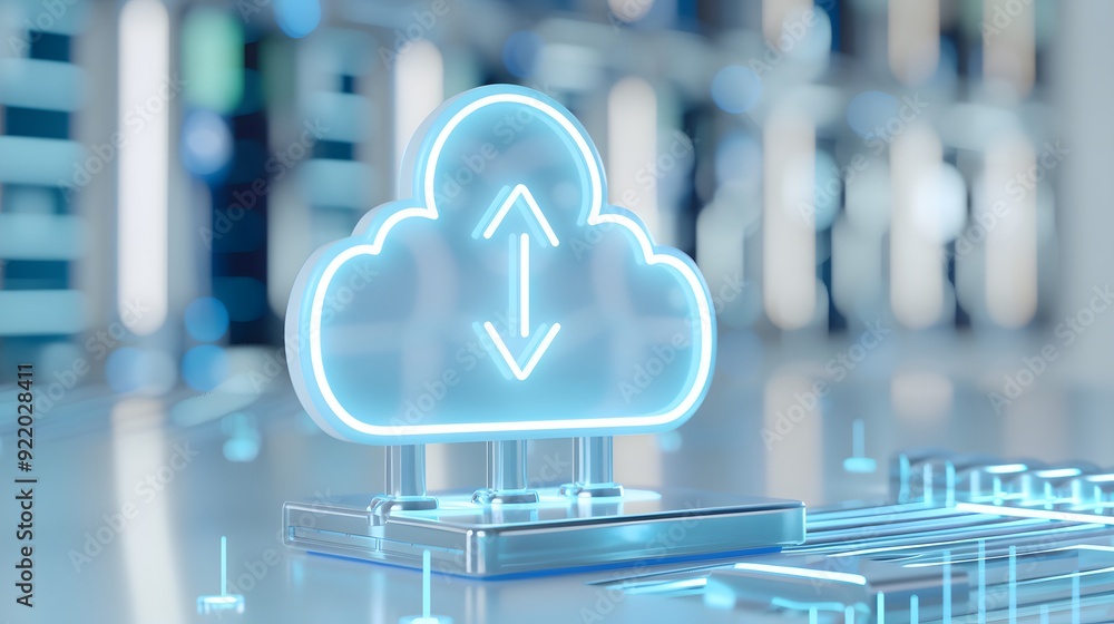 Aufkleber 3d render of a glowing cloud icon with double arrows, symbolizing cloud computing, data storage, and