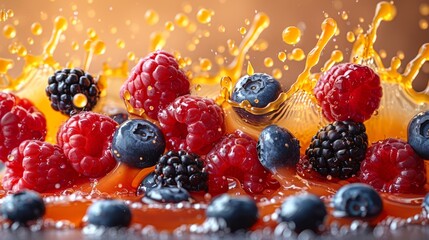 Fresh berries splashing in orange juice on a wooden surface in a bright kitchen