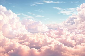 Dreamy pastel sky with fluffy white clouds creates serene and calming atmosphere in background.