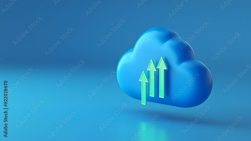 Poster 3d render of cloud with three upward arrows symbolizing data upload, cloud computing, and online sto