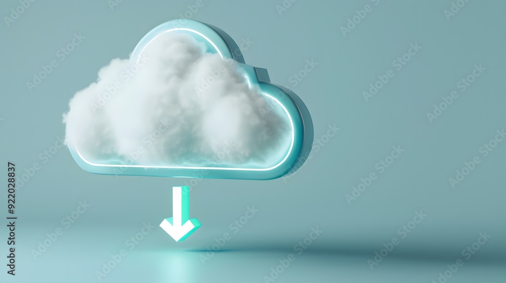 Poster 3d rendered cloud icon with a download symbol, representing cloud computing and data storage technol