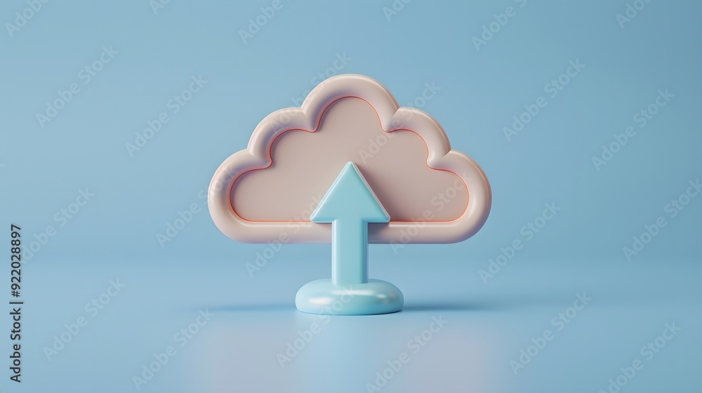 Poster 3d rendered cloud upload icon on a blue background symbolizing cloud storage, data transfer, and tec