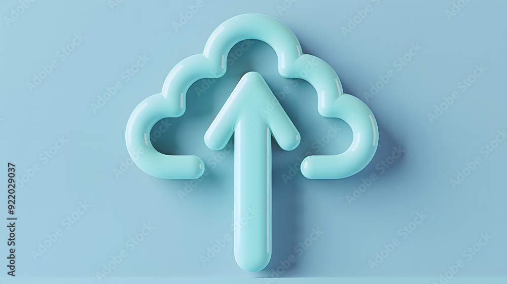 Poster 3d rendered image of a cloud with an upward arrow, symbolizing cloud storage and data upload, set ag