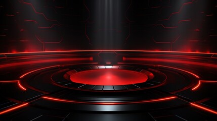 Red neon lights illuminate a futuristic, circular platform with black metallic texture.