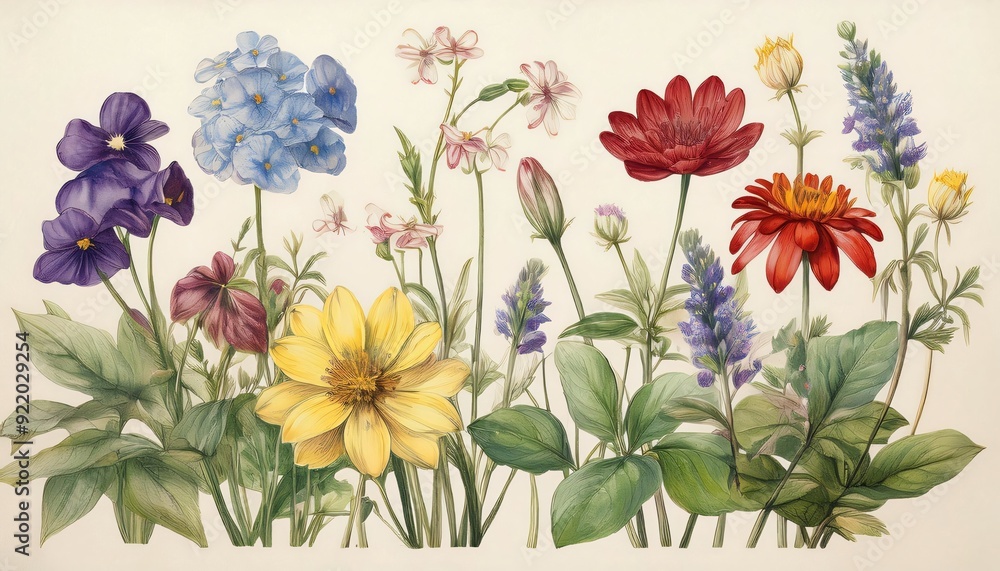 Wall mural Vintage botanical illustration featuring a variety of colorful flowers blooming