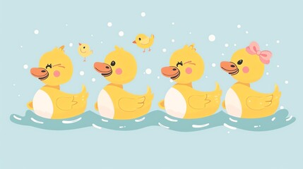 Create a vector illustration of a Ducks waddling in a rowin a kawaii style, simplified to feature fewer elements for a cleaner look, Use a color palette that is appealing to children, with bright and