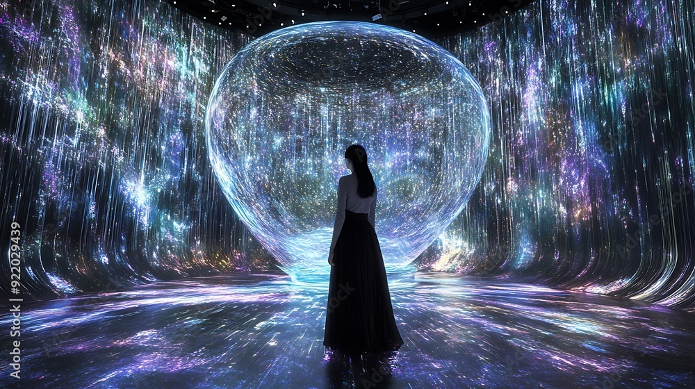 Poster futuristic virtual reality gaming center with interactive holographic games and ai-driven challenges