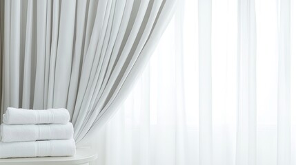 Soft pastel towels are stacked neatly on a table, accented by a pink flower and soft white curtains in a tranquil indoor environment