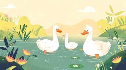 Create a illustration of a Quacking geese by a pondin a kawaii style, simplified to feature fewer elements for a cleaner look, Use a color palette that is appealing to children, with bright and