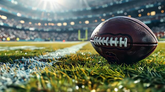 A football is on the field in a stadium. Scene is energetic and exciting. American football