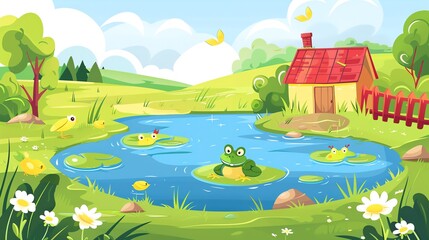 Naklejka premium Create a illustration of a Farmyard pond with frogsin a kawaii style, simplified to feature fewer elements for a cleaner look, Use a color palette that is appealing to children, with bright and