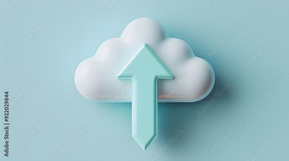 Poster 3d rendering of a cloud with an upward arrow on a light blue background representing cloud computing