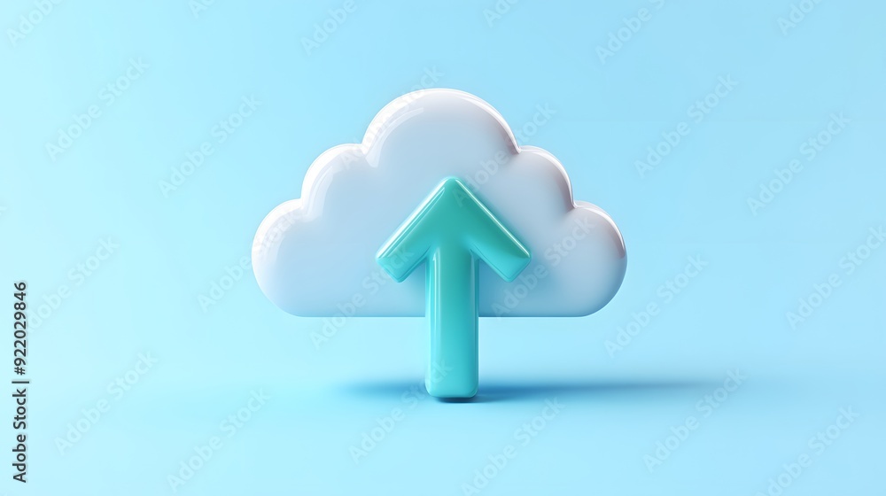 Poster 3d rendering of a cloud with an upward arrow symbolizing cloud computing and data upload on a blue b