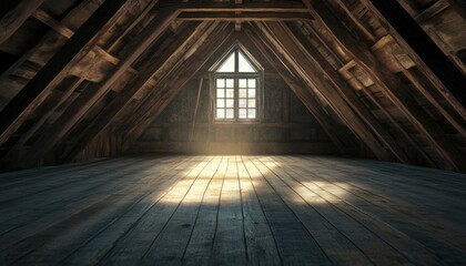 Sunlight illuminating a wooden attic with a window and rustic beams in the morning
