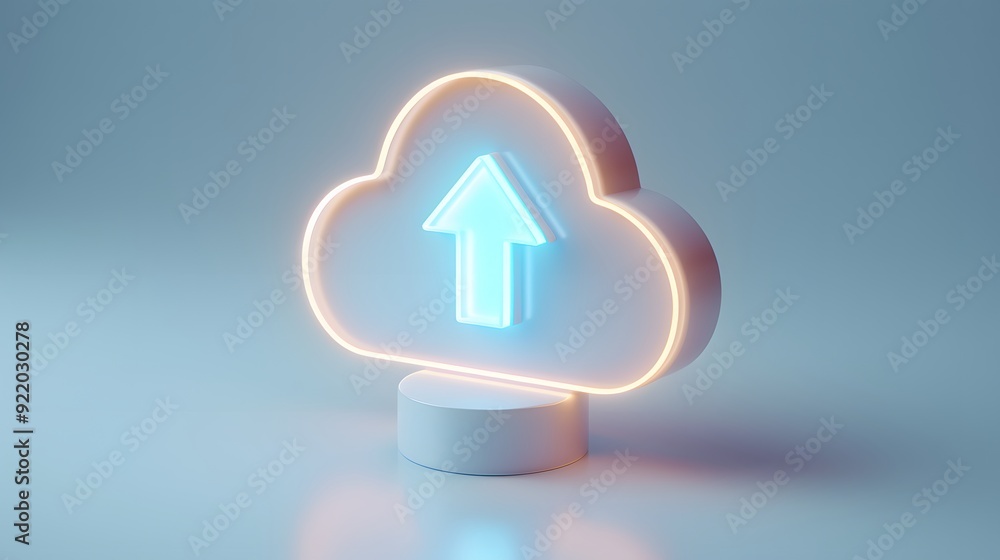 Poster 3d rendering of a glowing cloud with an upward arrow, representing cloud computing, data storage, an