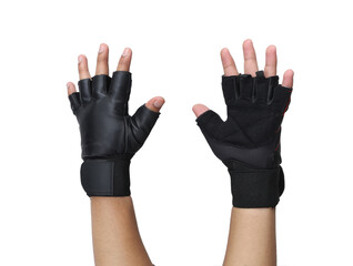 Obraz premium Man Wearing Black Fitness Gloves, Workout Gloves, Isolated on white background.