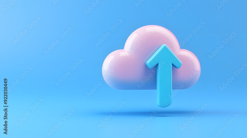 Poster 3d rendering of a pink and blue cloud with an upward arrow, symbolizing cloud computing, data upload