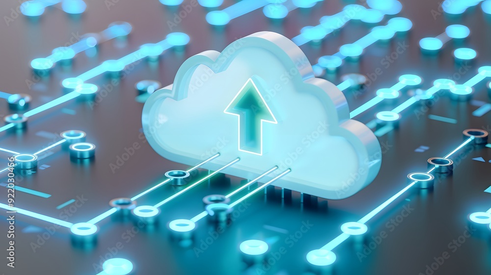 Poster 3D rendering of a network cloud with an upload icon, representing data transfer and cloud computing technology.