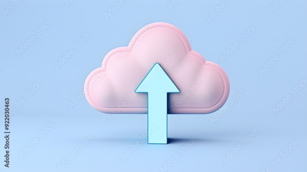 Poster 3d rendering of a pink cloud with a blue arrow pointing upwards on a light blue background, symboliz