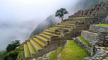 42. **Ancient Incan terraces and ruins in Machu Picchu with misty mountains