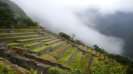 42. **Ancient Incan terraces and ruins in Machu Picchu with misty mountains