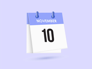 November 10 - calendar and Time planner. Daily Calendar Icon reminder. Vector Illustration.