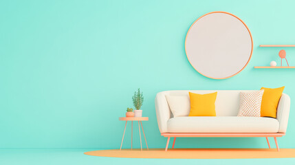 living room design with sofa, table, and colorful decorations, 3d render, soft colors