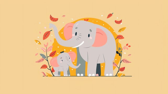 Create a illustration of a Asian Elephant with Calf A mother elephant with her babyin a kawaii style, simplified to feature fewer elements for a cleaner look, Use a color palette that is appe