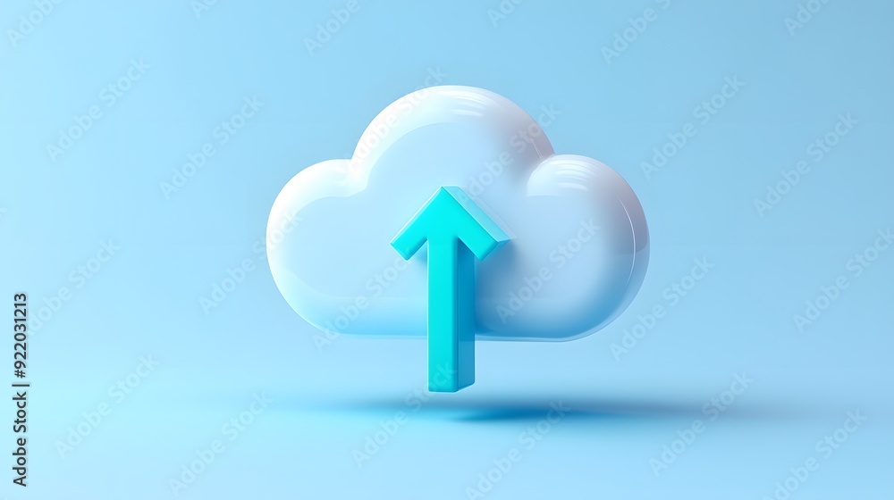 Poster a blue cloud icon with an upward arrow, representing cloud storage and upload concepts, set against 
