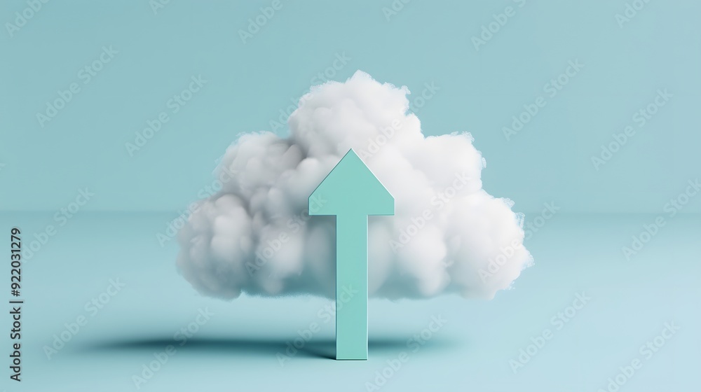 Poster a cloud with an upward arrow symbolizing cloud computing, data upload, and modern technology on a bl