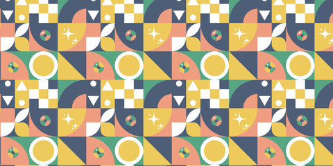 Geometric seamless pattern in neo geometry style. Various colored abstract shapes. Vector illustration.
