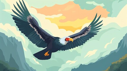 Create a illustration of a California Condor in Flight A California condor soaring in the skyin a kawaii style, simplified to feature fewer elements for a cleaner look, Use a color palette th