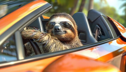 A sloth in sunglasses relaxes in a bright orange sports car on a sunny day
