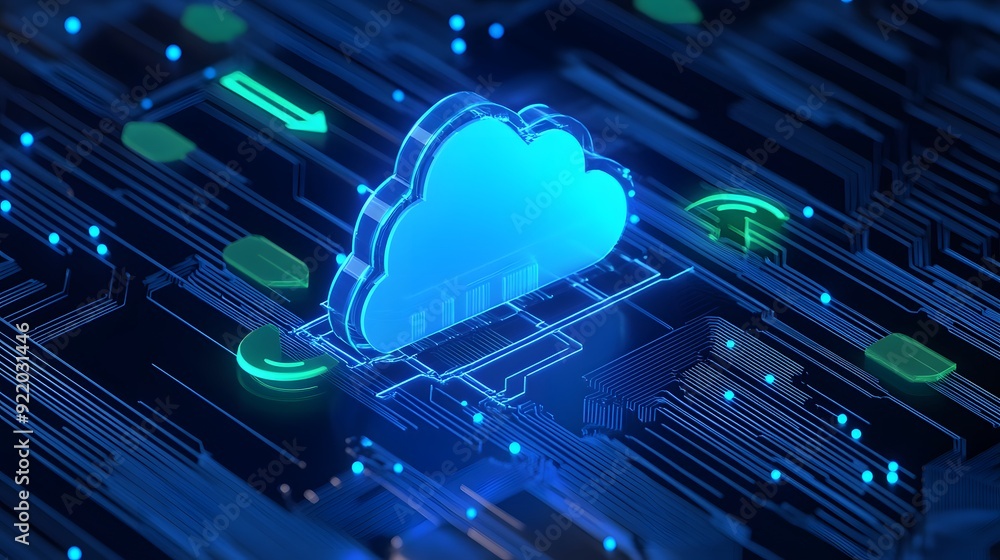 Poster a digital cloud icon representing cloud computing, data storage, and technology in a futuristic circ