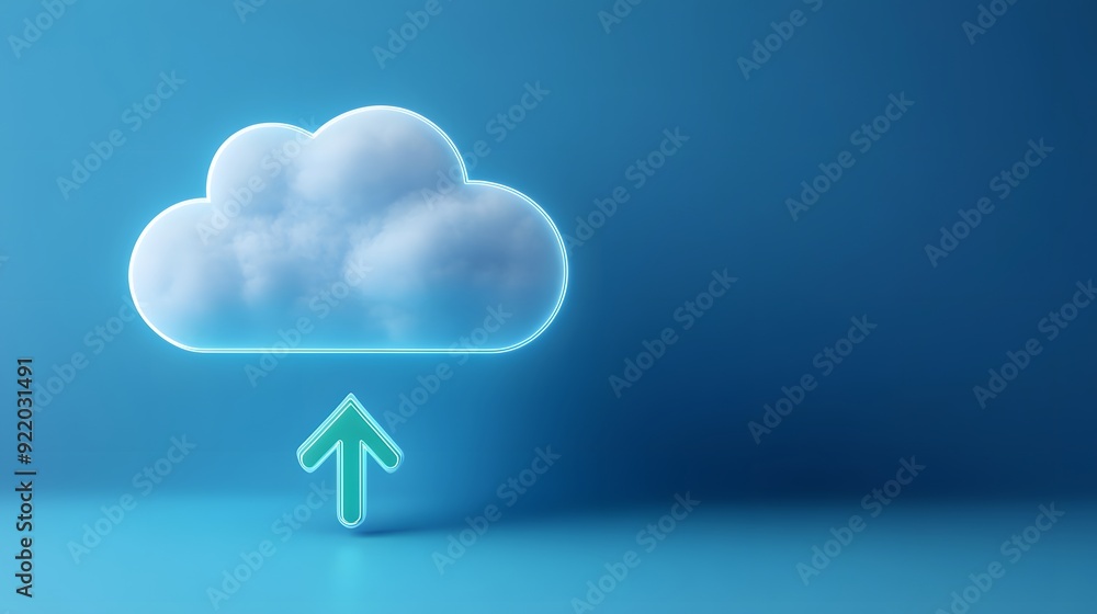 Poster a digital cloud icon with an upward arrow, symbolizing cloud computing and data upload, set against 