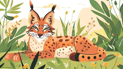 Create a illustration of a Iberian Lynx in the Grass An Iberian lynx in the Spanish wildernessin a kawaii style, simplified to feature fewer elements for a cleaner look, Use a color palette t