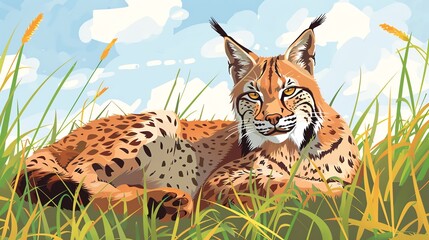 Create a illustration of a Iberian Lynx in the Grass An Iberian lynx in the Spanish wildernessin a kawaii style, simplified to feature fewer elements for a cleaner look, Use a color palette t