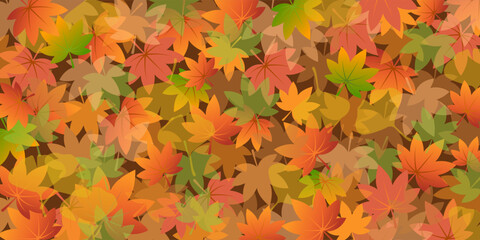 秋にぴったりな、赤や緑の紅葉したカエデの葉が重なるベクター背景画像