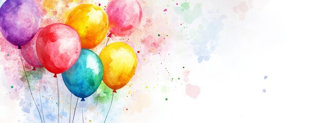 Colorful balloons floating on watercolor background with copy space