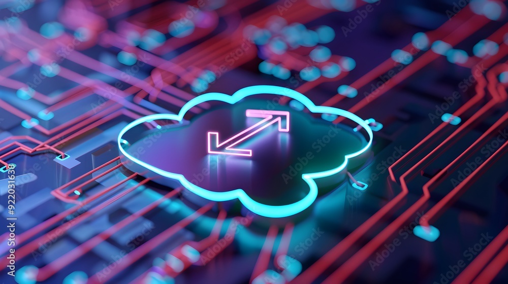 Poster a digital representation of cloud computing with data connectivity on a circuit board, symbolizing m