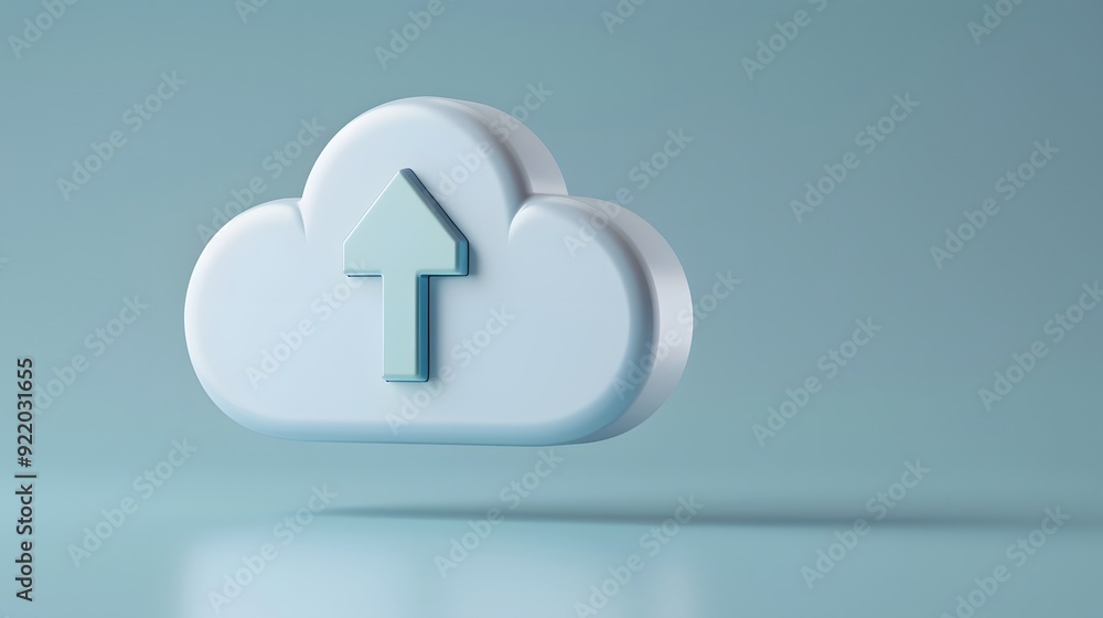 Poster a floating white cloud icon with an upward arrow on a blue background, representing cloud storage or