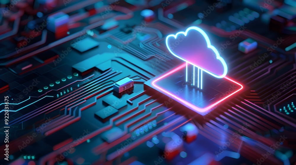 Poster a futuristic 3d render of a digital cloud icon glowing over a circuit board, symbolizing cloud compu