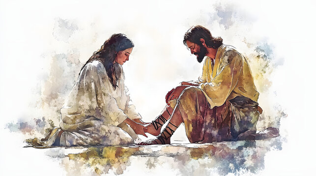 Jesus and the woman who anointed his feet depicted in a digital watercolor painting on a white background.