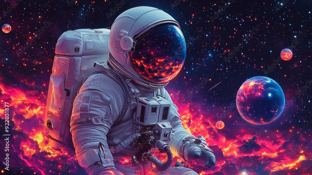 Poster astronaut exploring a colorful nebula with planets in the background
