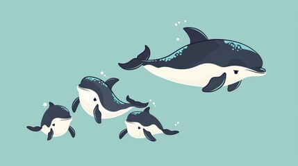 Fototapeta premium Create a illustration of a Vaquita Dolphin in the Ocean A vaquita dolphin swimming in the seain a kawaii style, simplified to feature fewer elements for a cleaner look, Use a color palette th