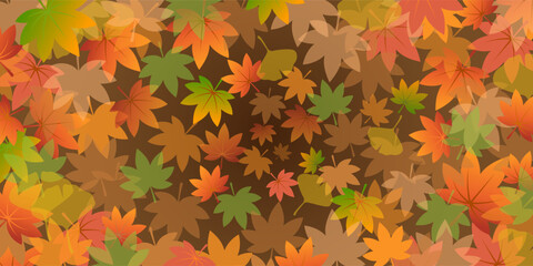 秋にぴったりな、赤や緑の紅葉したカエデの葉が重なるベクター背景画像
